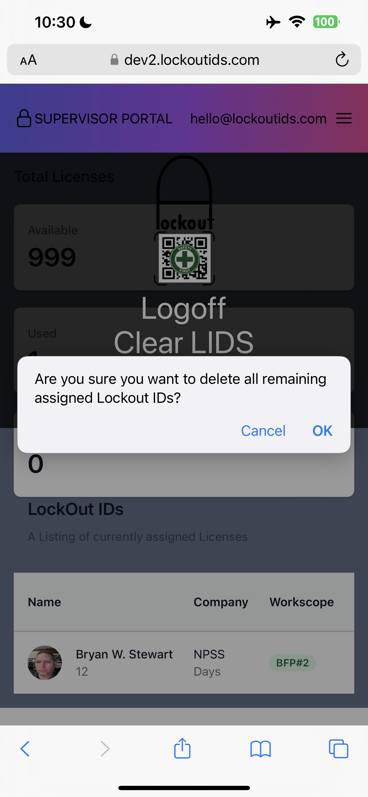lockout id supervisor screen with delete all dialog prompt