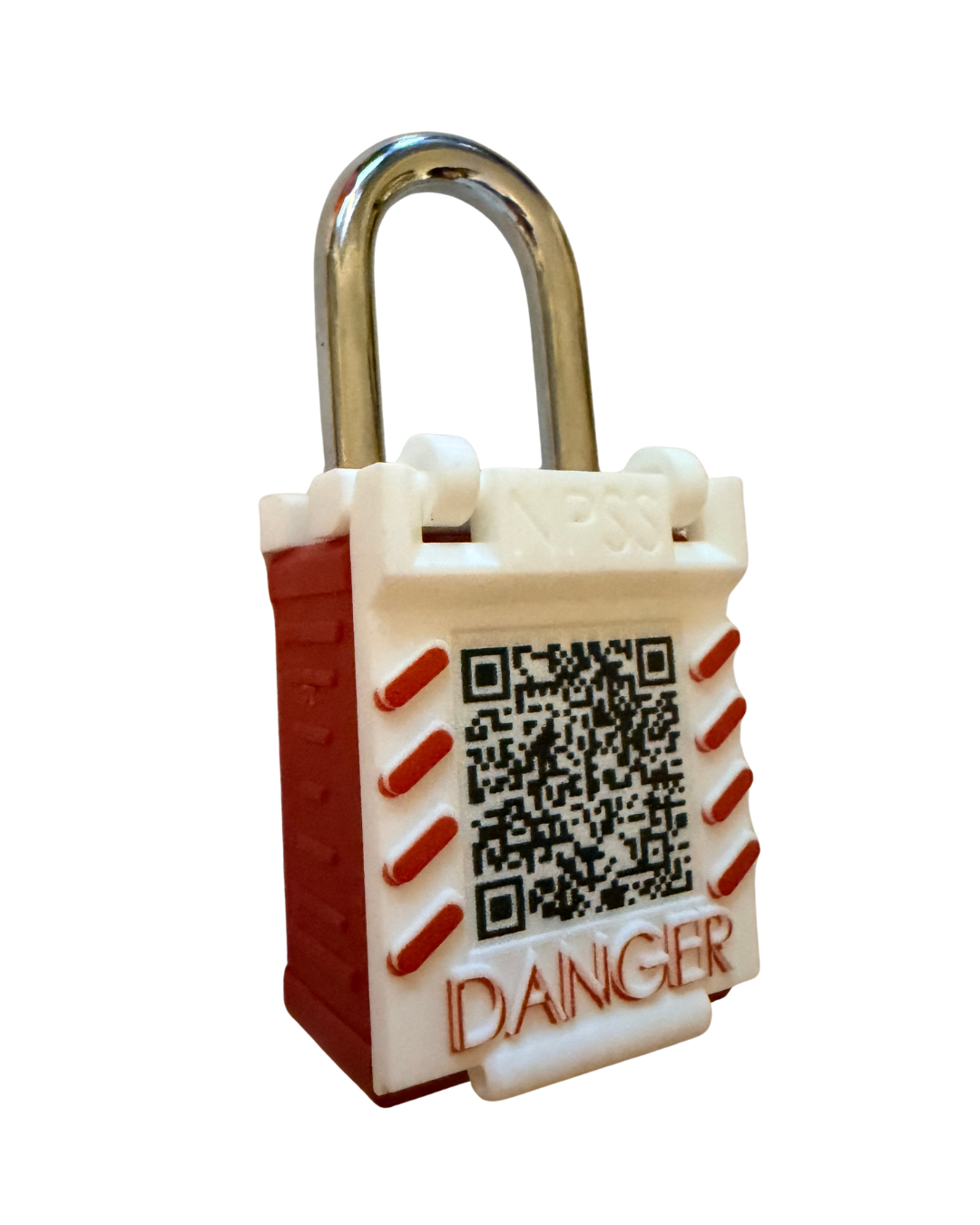 Lock-shaped object with QR code and 'DANGER' text on a white background